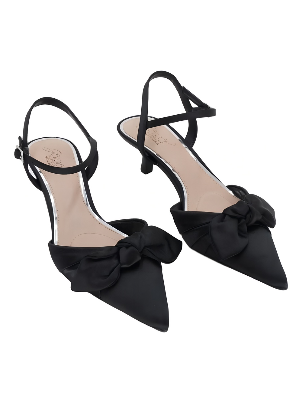 Jewel Badgley Mischka Ember Pointed Toe Kitten Heel Black Satin Pump Size 7.5M